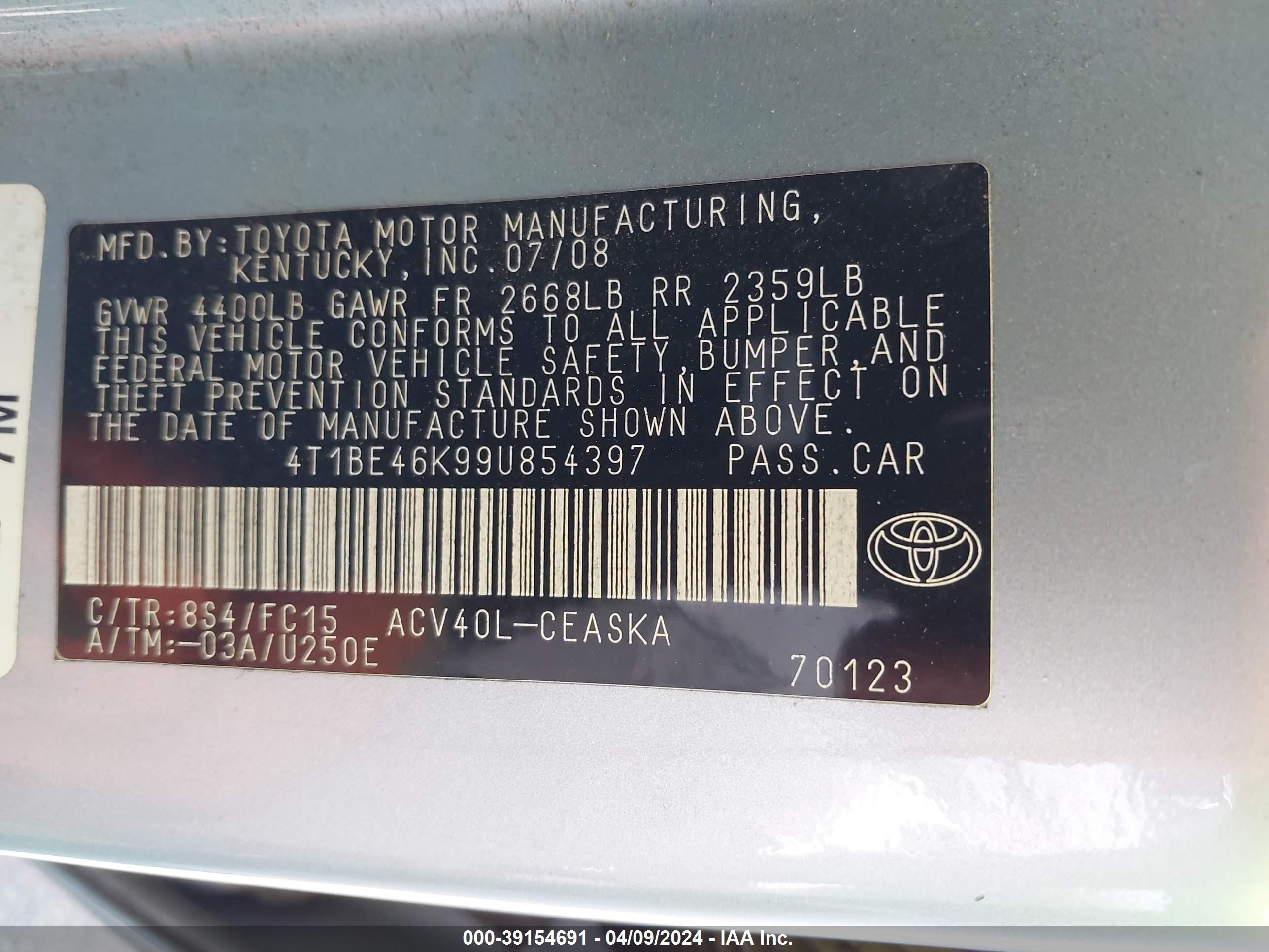 Photo 8 VIN: 4T1BE46K99U854397 - TOYOTA CAMRY 