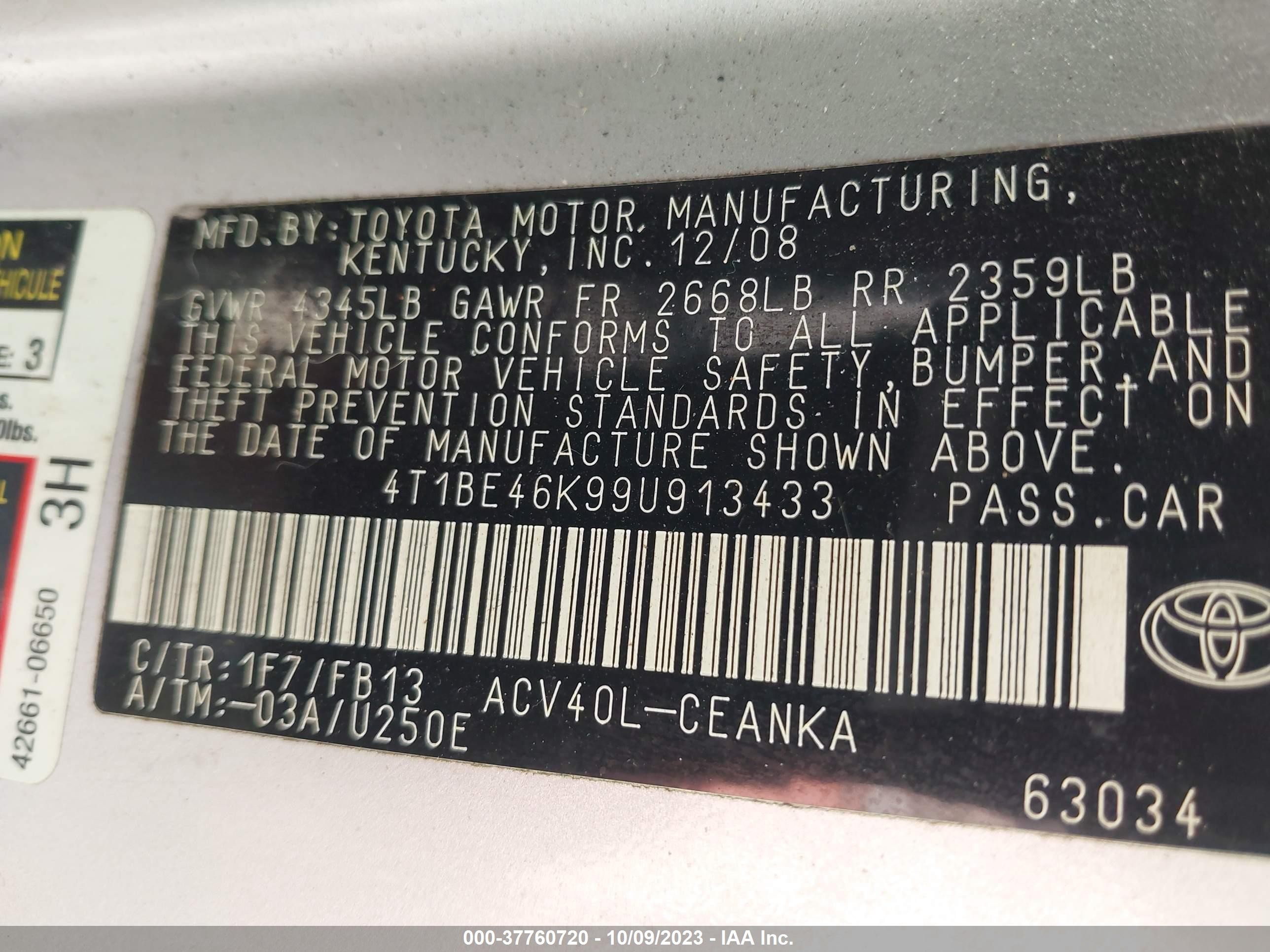 Photo 8 VIN: 4T1BE46K99U913433 - TOYOTA CAMRY 