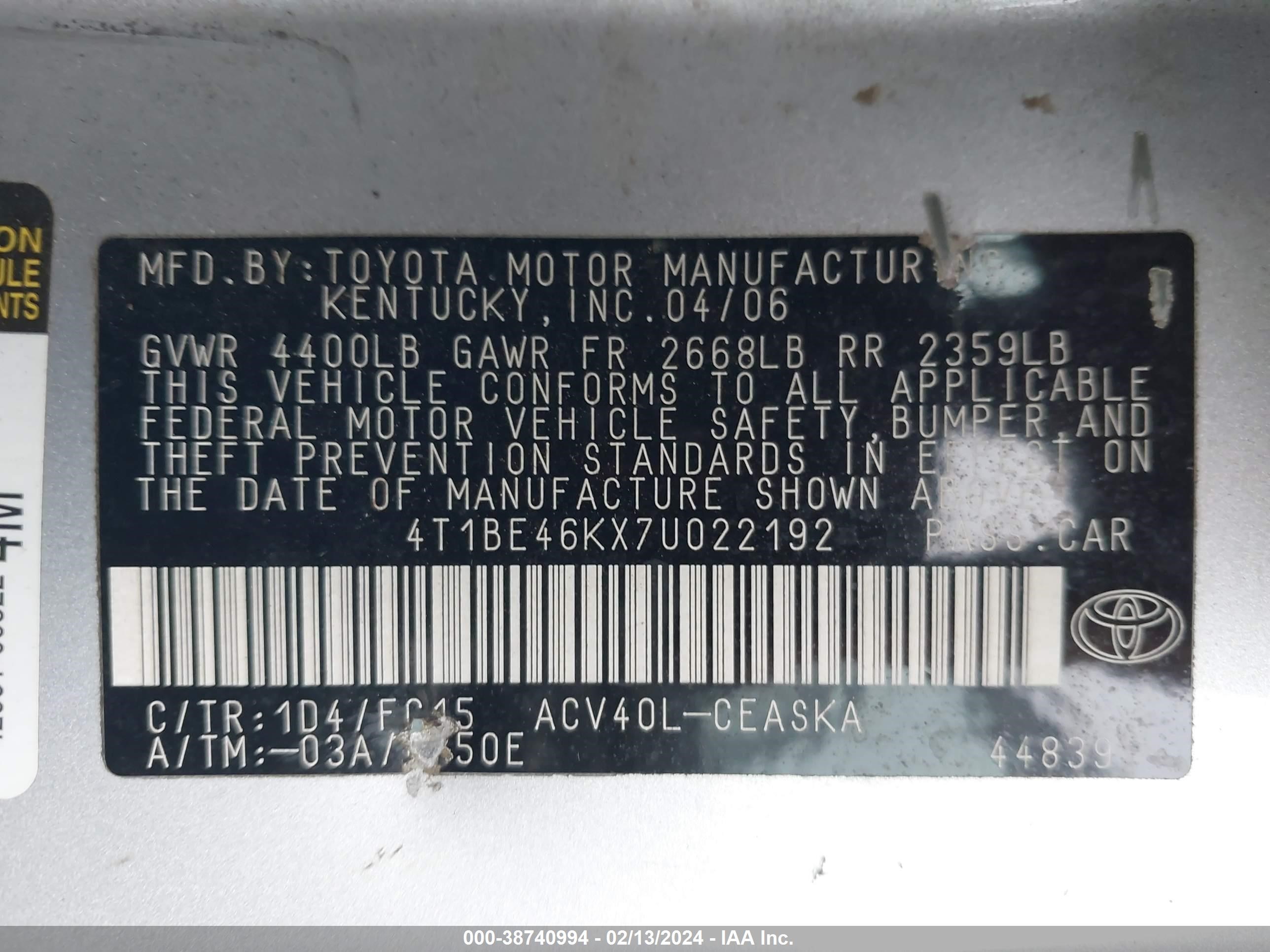 Photo 8 VIN: 4T1BE46KX7U022192 - TOYOTA CAMRY 