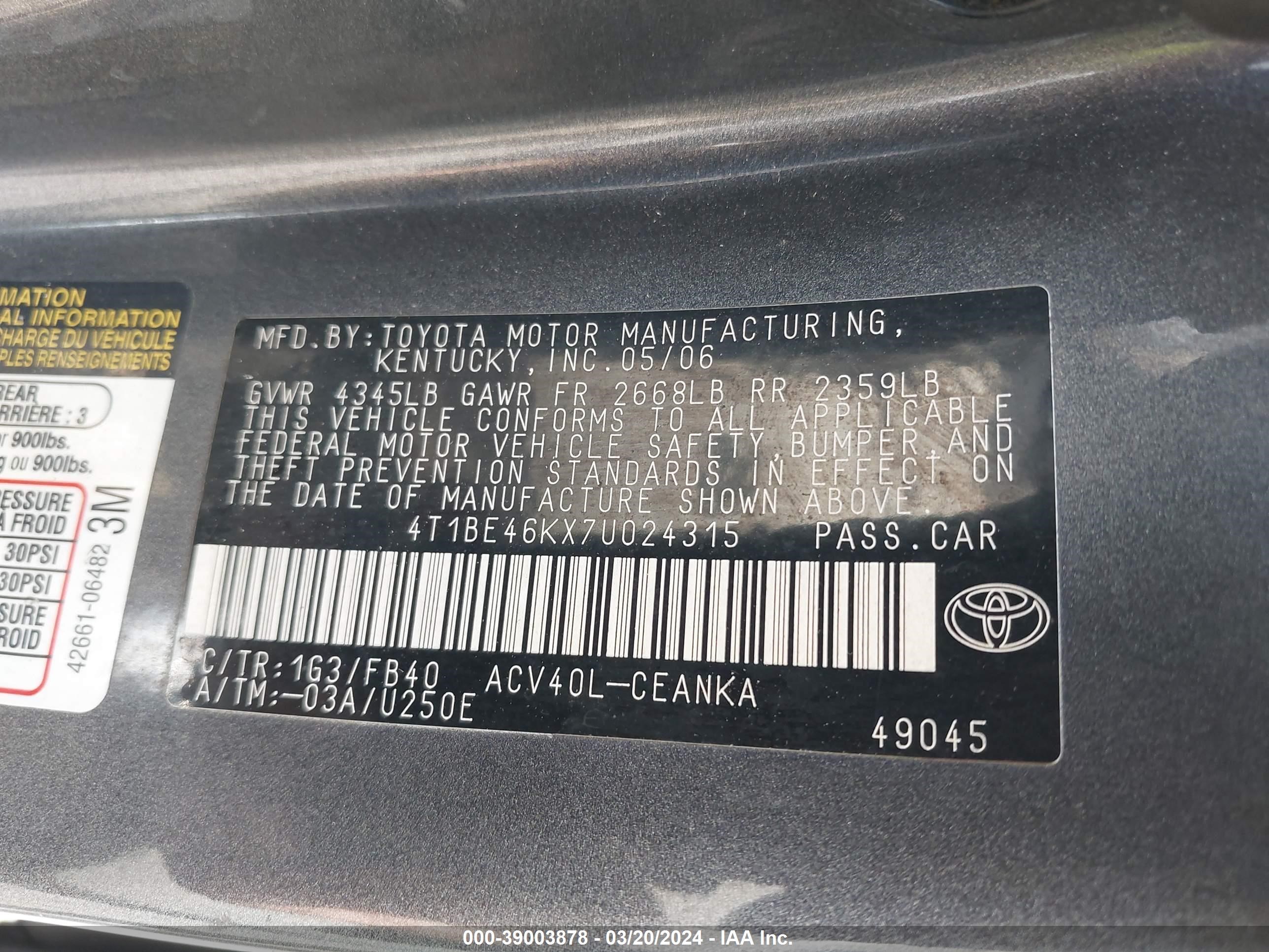 Photo 8 VIN: 4T1BE46KX7U024315 - TOYOTA CAMRY 