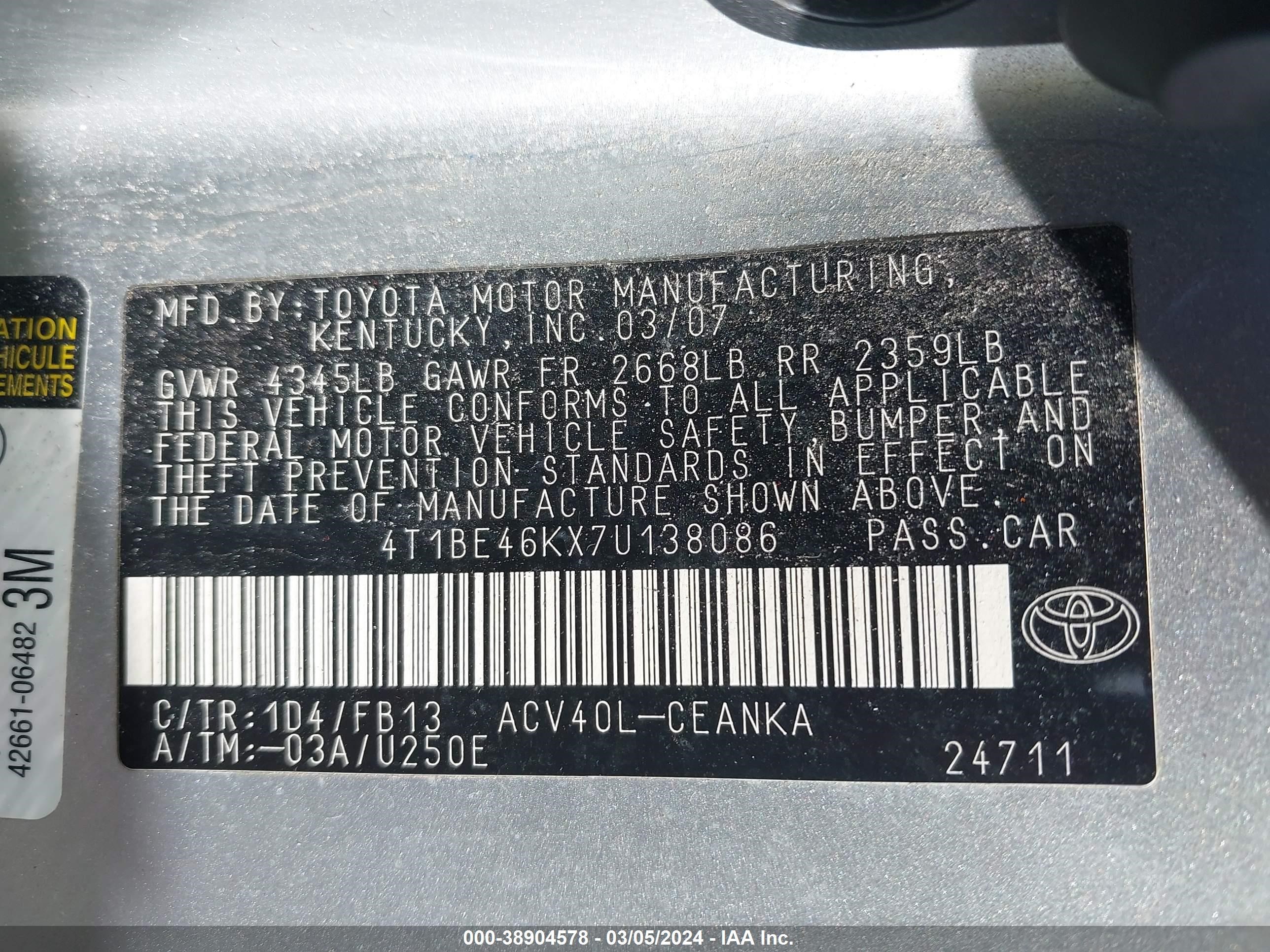 Photo 8 VIN: 4T1BE46KX7U138086 - TOYOTA CAMRY 