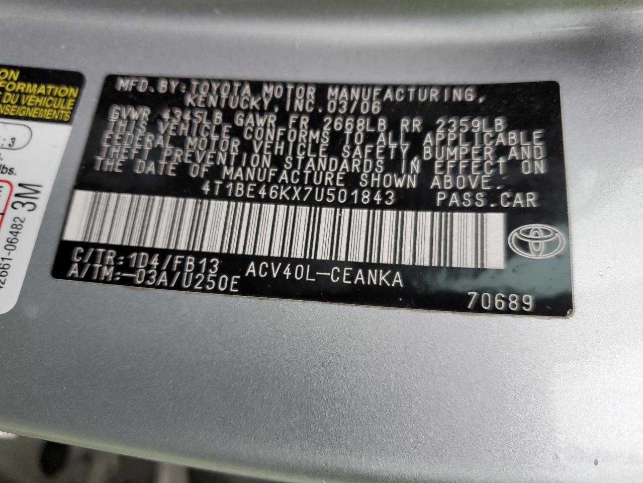 Photo 11 VIN: 4T1BE46KX7U501843 - TOYOTA CAMRY 