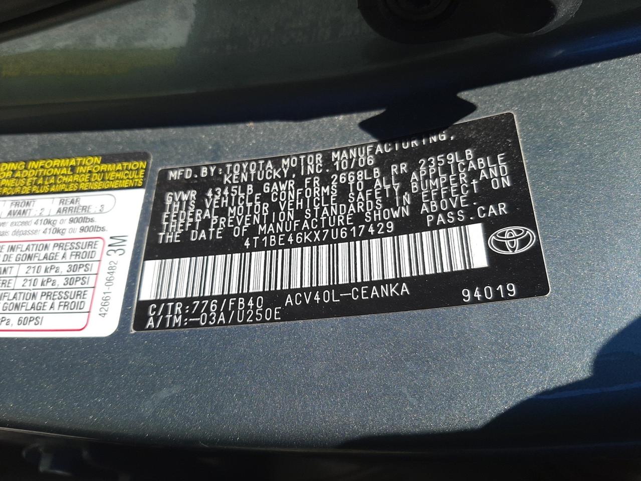 Photo 11 VIN: 4T1BE46KX7U617429 - TOYOTA CAMRY 