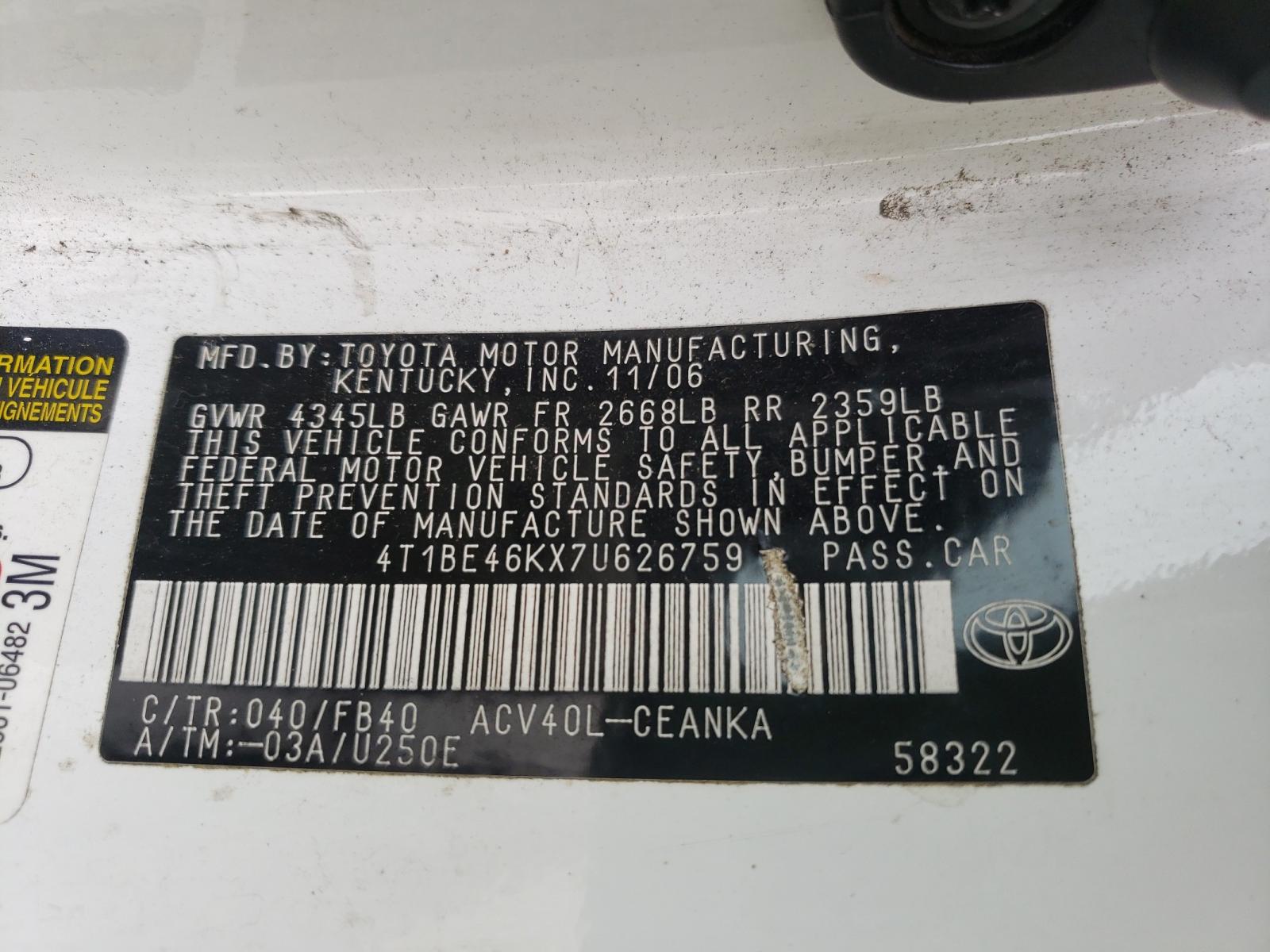 Photo 9 VIN: 4T1BE46KX7U626759 - TOYOTA CAMRY CE 