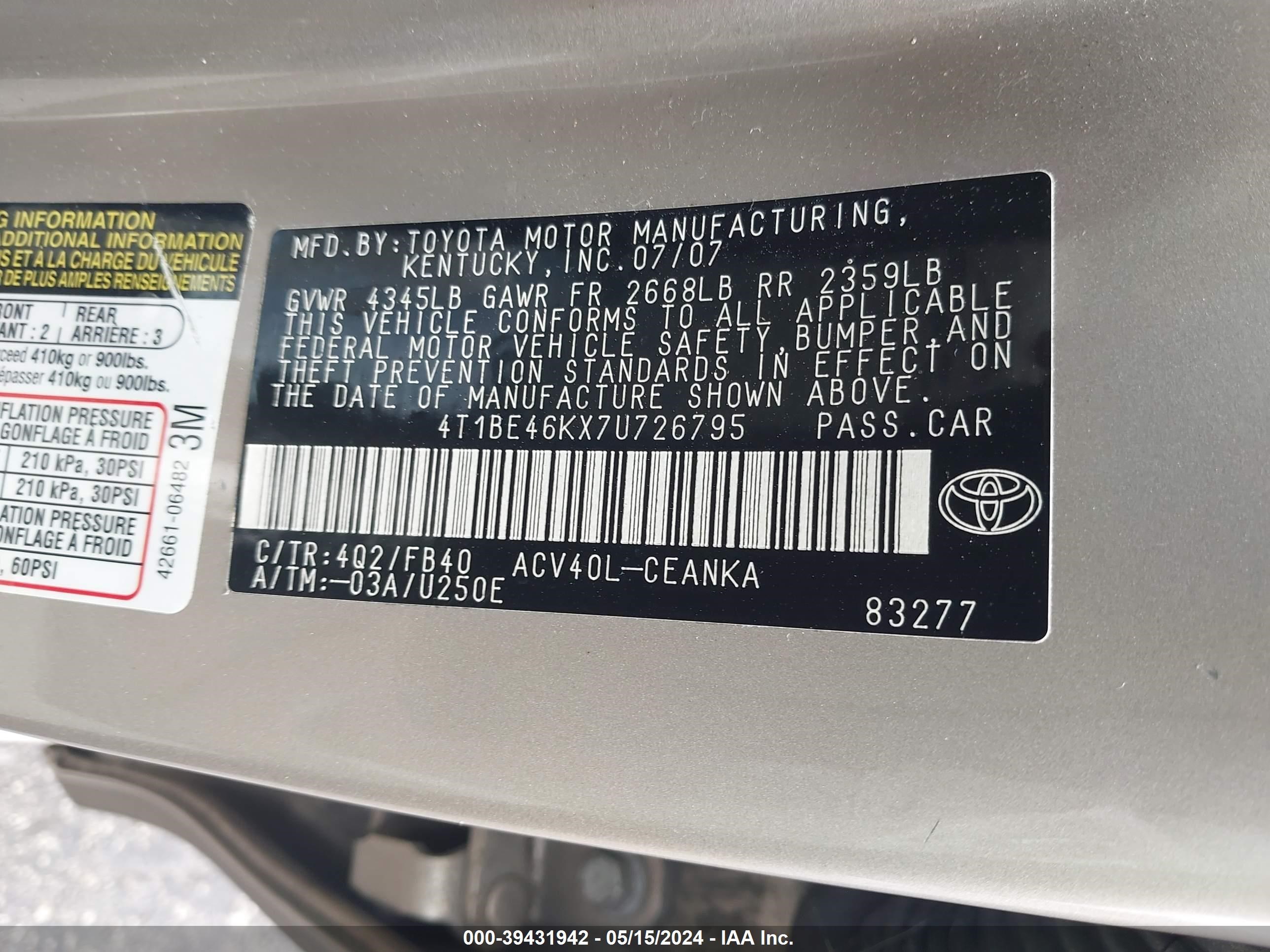 Photo 8 VIN: 4T1BE46KX7U726795 - TOYOTA CAMRY 