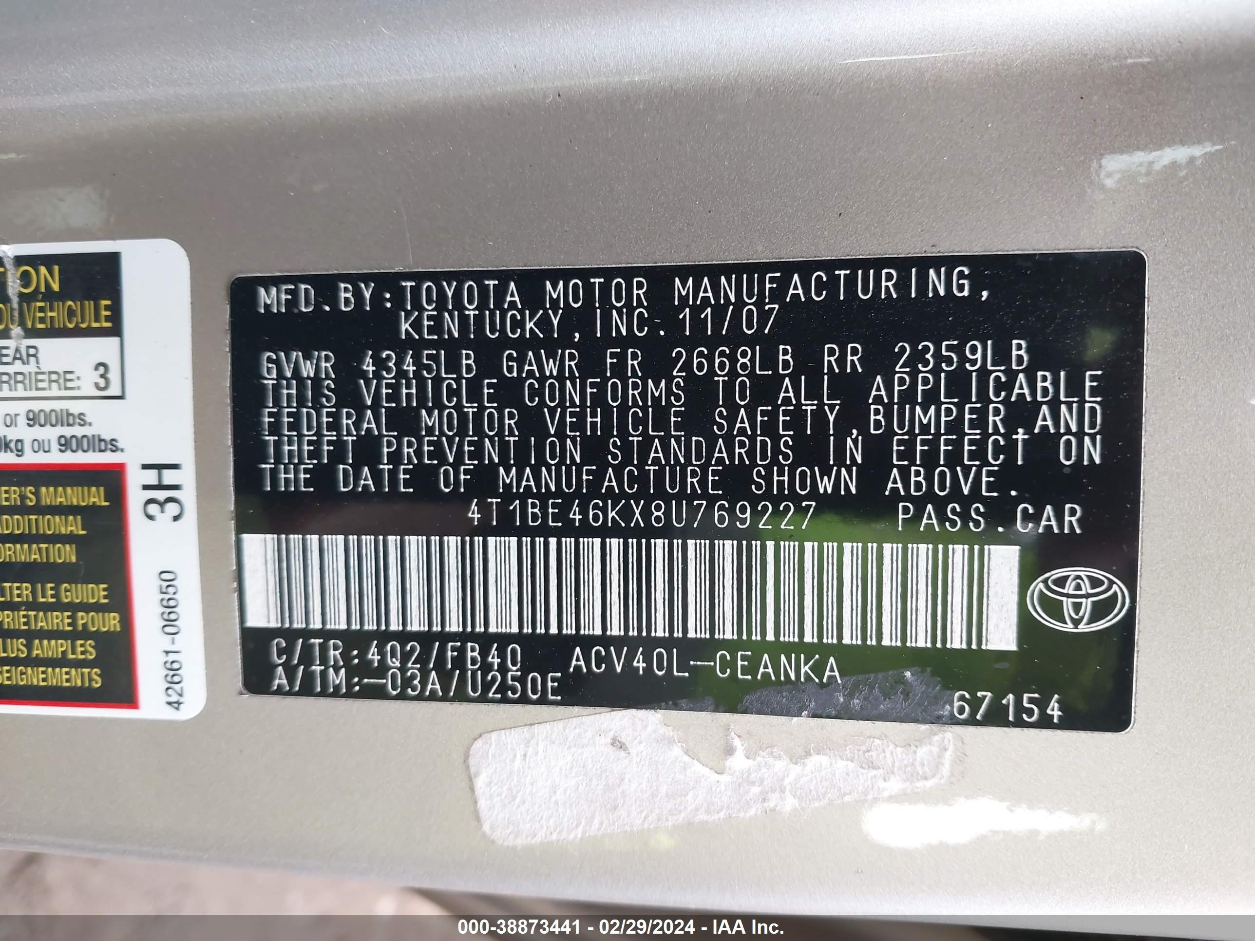 Photo 8 VIN: 4T1BE46KX8U769227 - TOYOTA CAMRY 