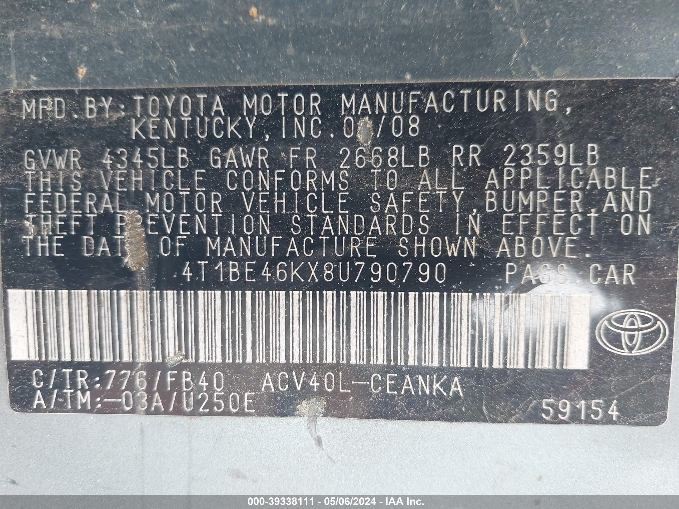 Photo 8 VIN: 4T1BE46KX8U790790 - TOYOTA CAMRY 