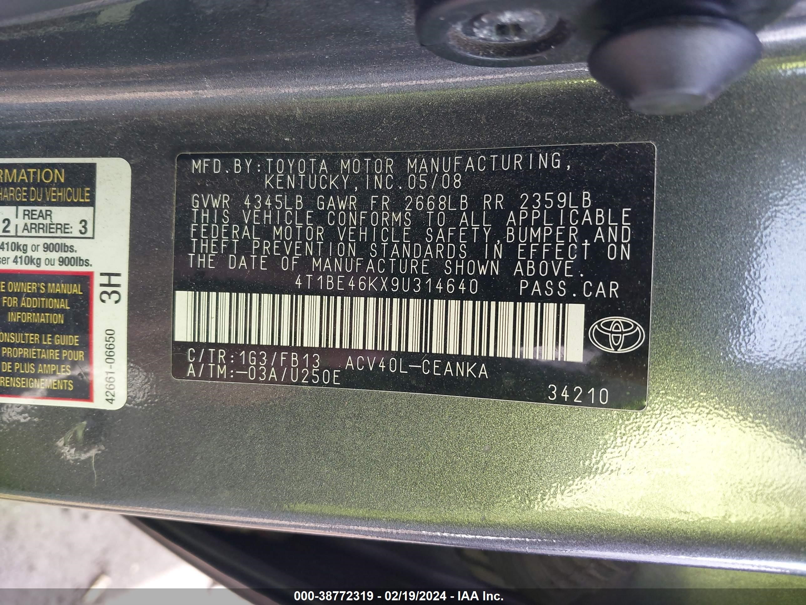 Photo 8 VIN: 4T1BE46KX9U314640 - TOYOTA CAMRY 