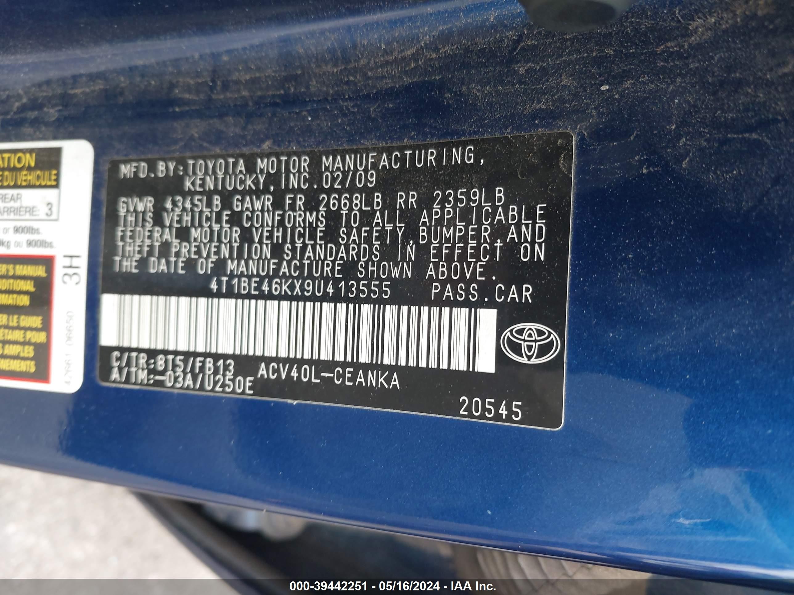 Photo 8 VIN: 4T1BE46KX9U413555 - TOYOTA CAMRY 