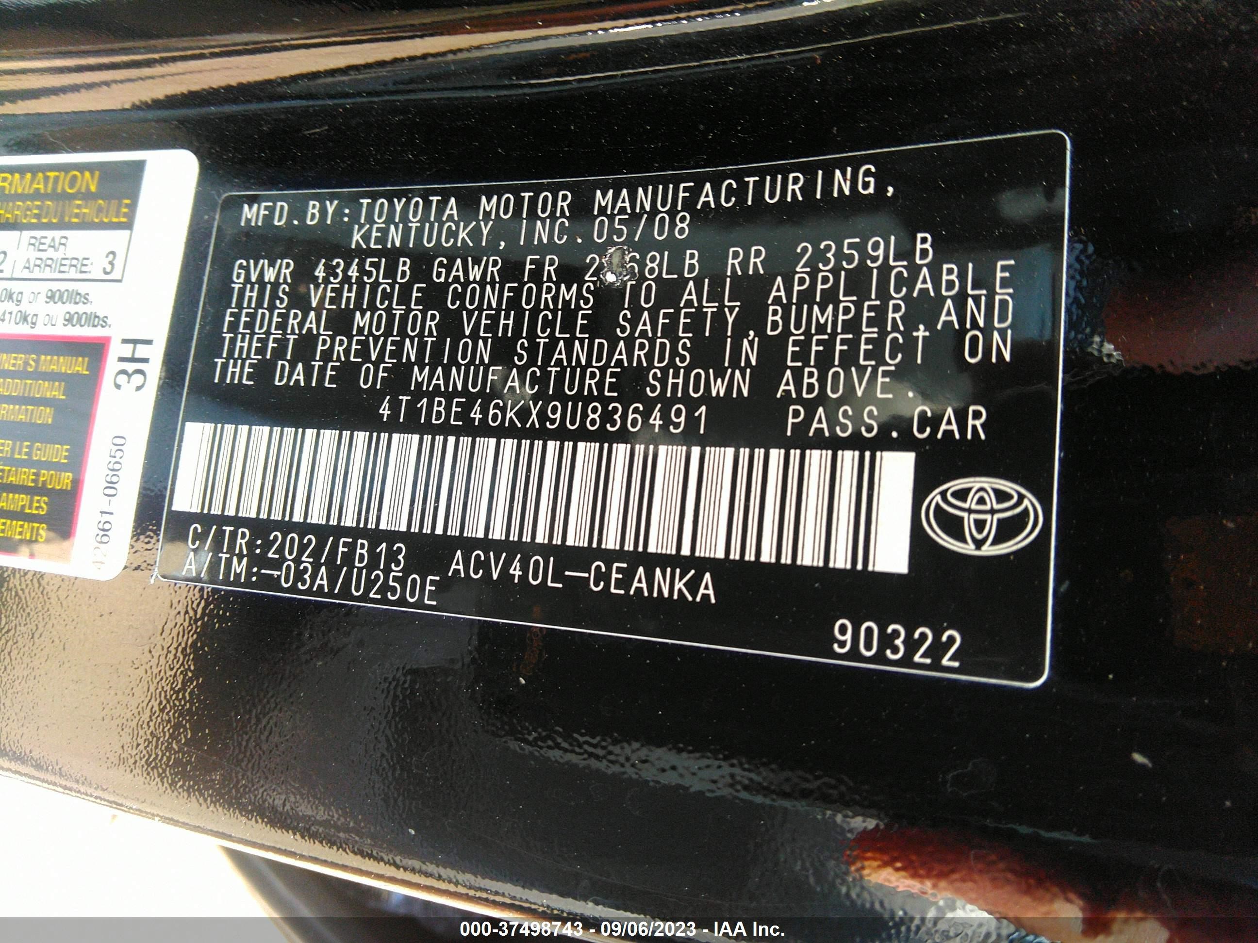 Photo 8 VIN: 4T1BE46KX9U836491 - TOYOTA CAMRY 