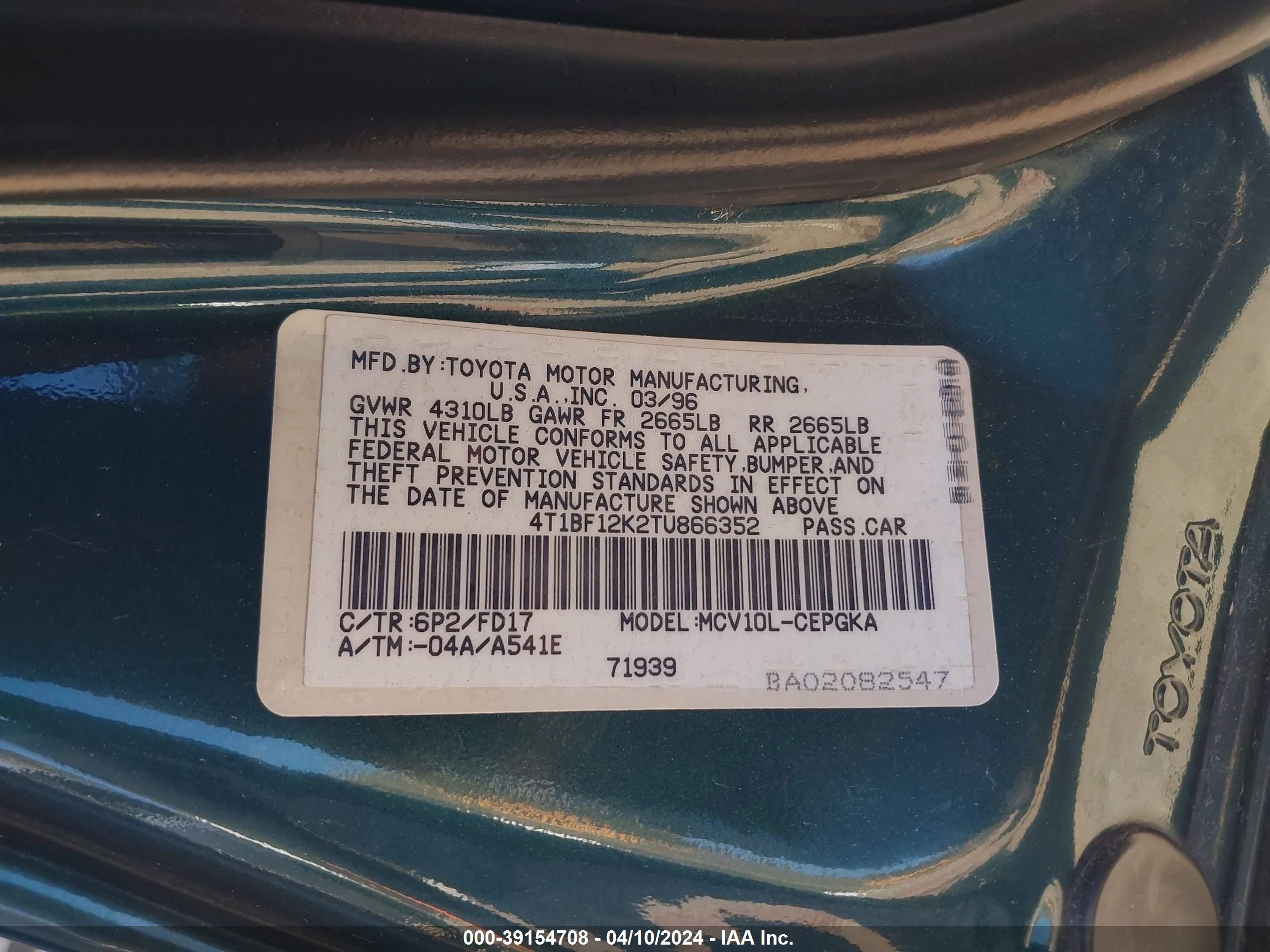 Photo 8 VIN: 4T1BF12K2TU866352 - TOYOTA CAMRY 