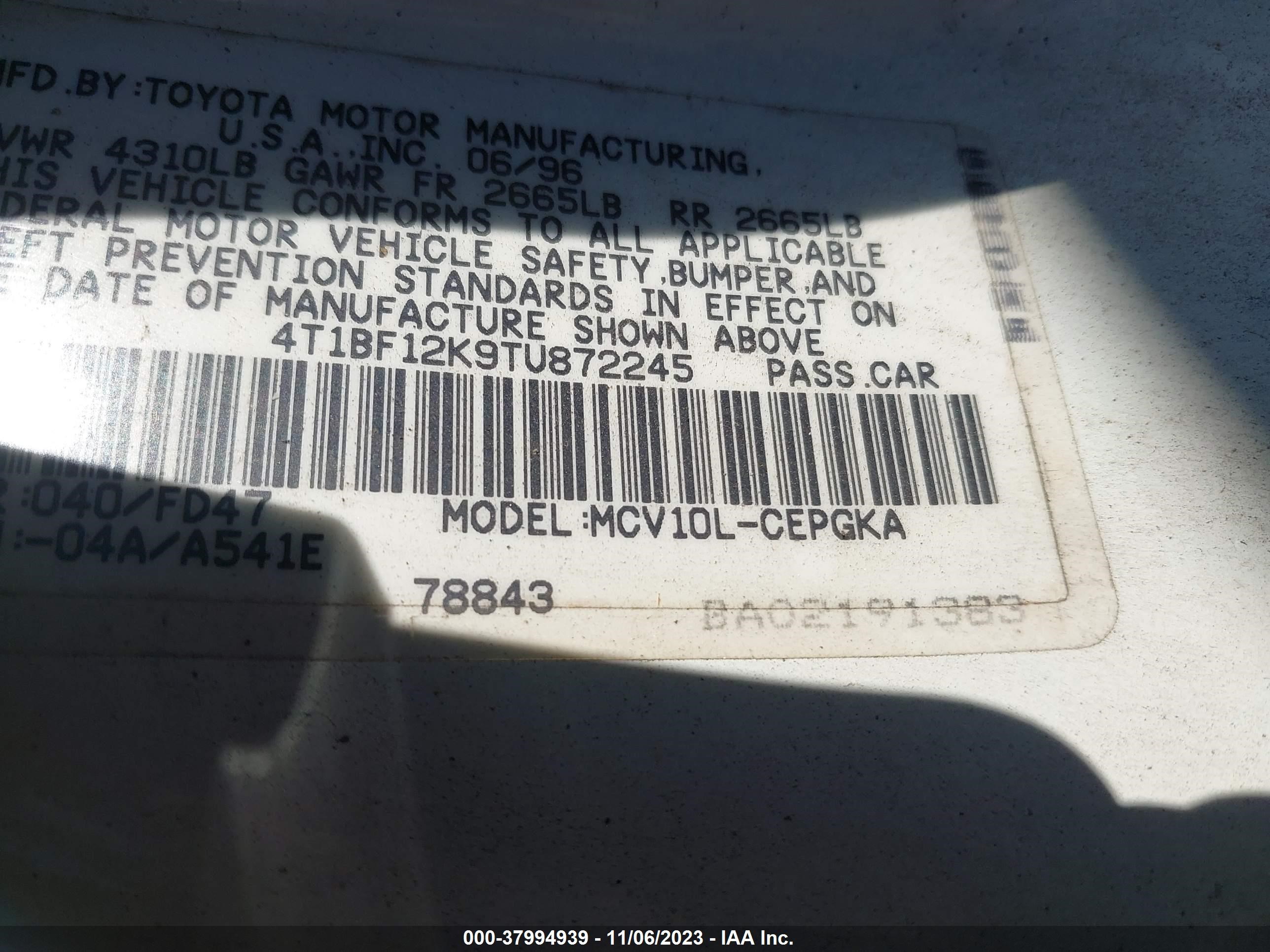 Photo 8 VIN: 4T1BF12K9TU872245 - TOYOTA CAMRY 