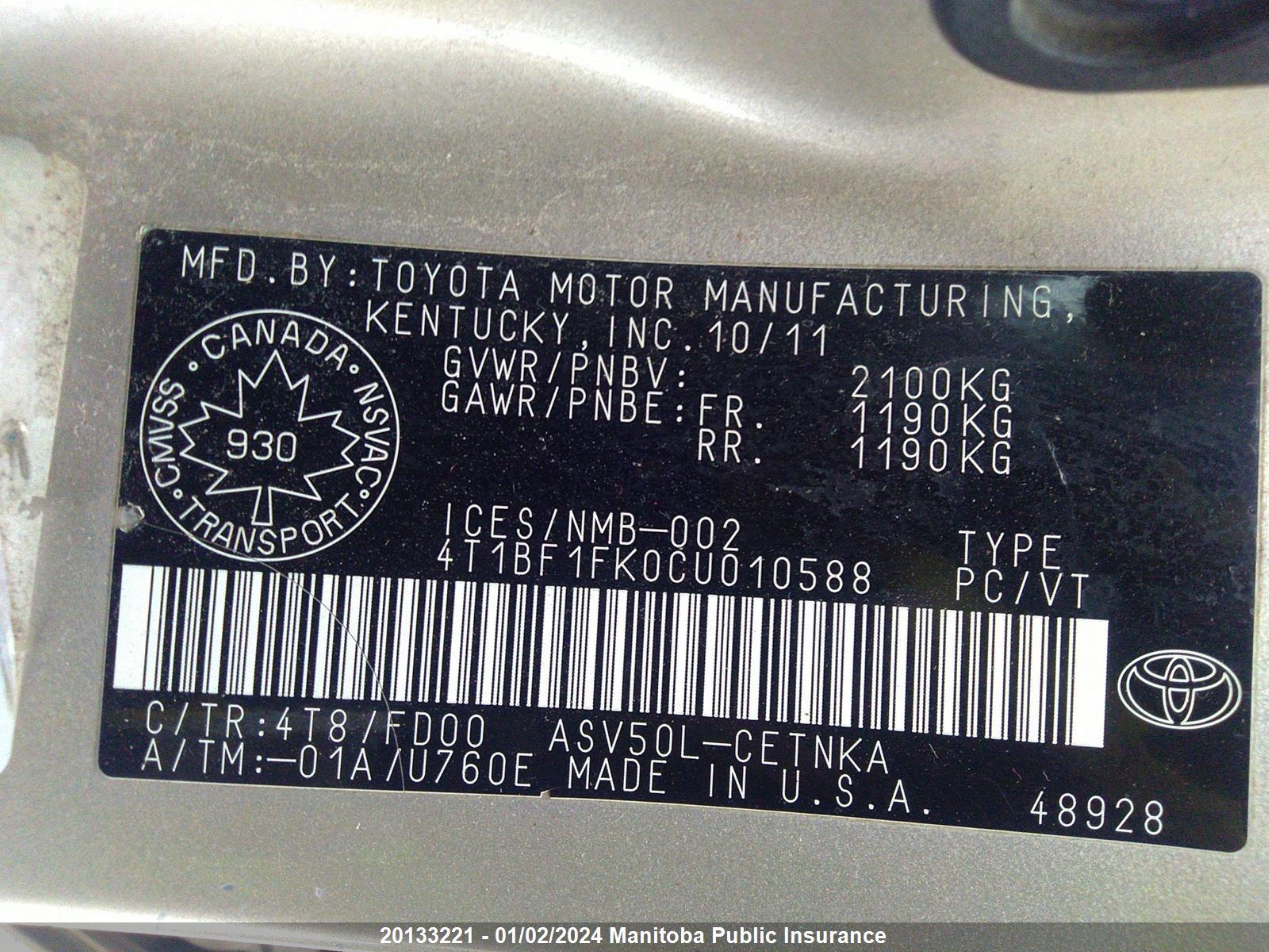 Photo 8 VIN: 4T1BF1FK0CU010588 - TOYOTA CAMRY 