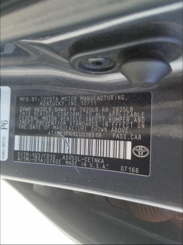 Photo 9 VIN: 4T1BF1FK0CU016519 - TOYOTA CAMRY BASE 