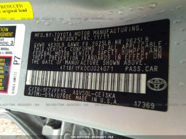 Photo 8 VIN: 4T1BF1FK0CU024071 - TOYOTA CAMRY 