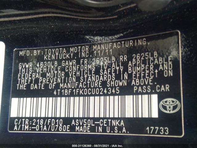 Photo 8 VIN: 4T1BF1FK0CU024345 - TOYOTA CAMRY 