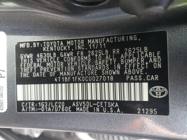 Photo 9 VIN: 4T1BF1FK0CU027018 - TOYOTA CAMRY BASE 