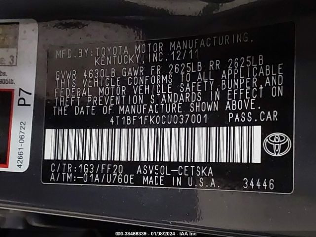 Photo 8 VIN: 4T1BF1FK0CU037001 - TOYOTA CAMRY 