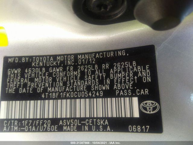 Photo 8 VIN: 4T1BF1FK0CU054249 - TOYOTA CAMRY 