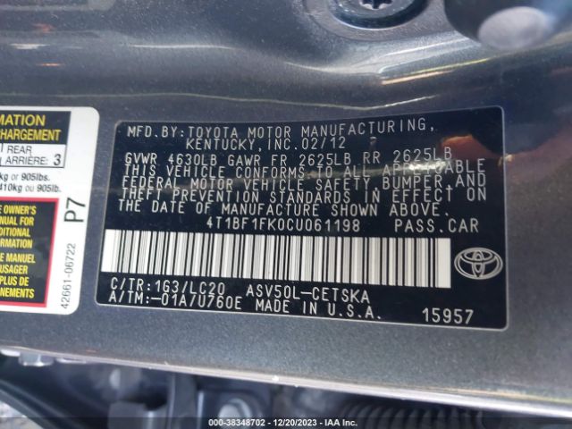 Photo 8 VIN: 4T1BF1FK0CU061198 - TOYOTA CAMRY 