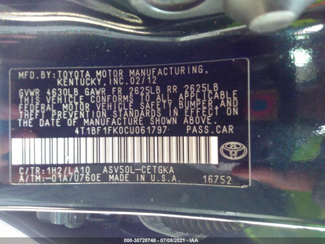 Photo 8 VIN: 4T1BF1FK0CU061797 - TOYOTA CAMRY 