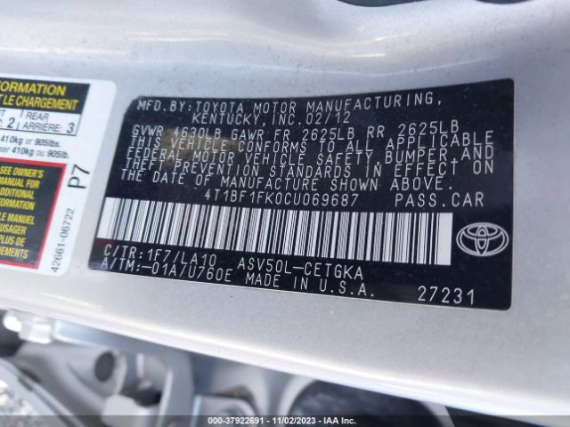 Photo 8 VIN: 4T1BF1FK0CU069687 - TOYOTA CAMRY 