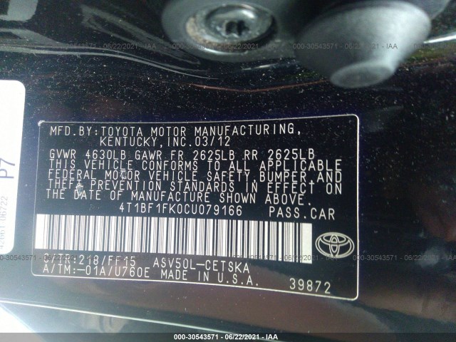 Photo 8 VIN: 4T1BF1FK0CU079166 - TOYOTA CAMRY 