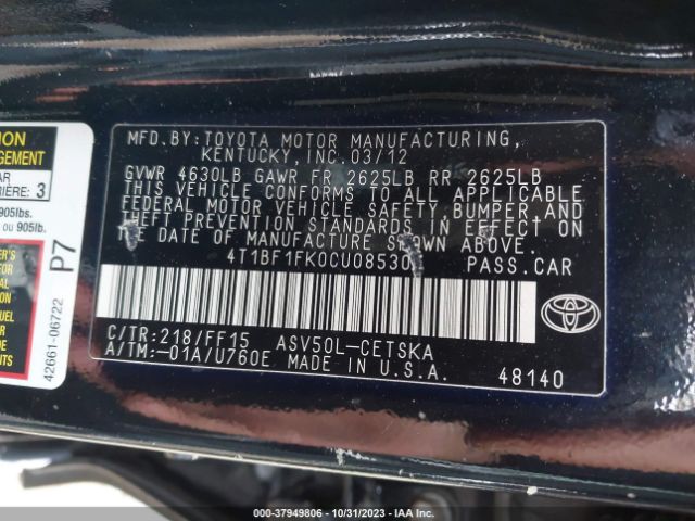 Photo 8 VIN: 4T1BF1FK0CU085307 - TOYOTA CAMRY 