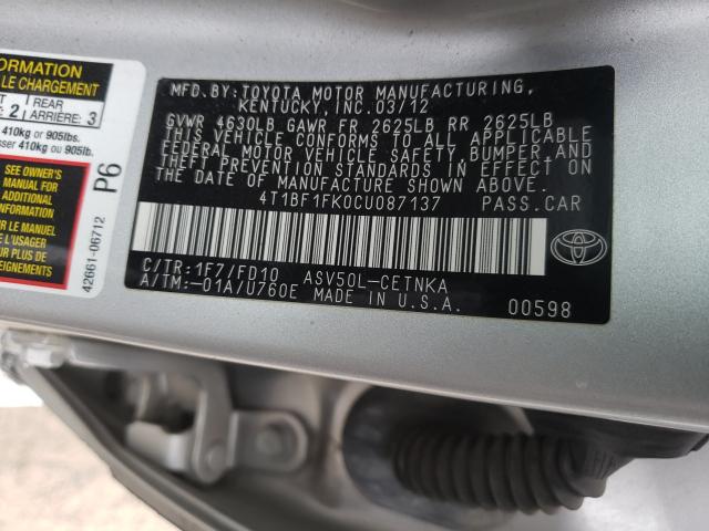 Photo 9 VIN: 4T1BF1FK0CU087137 - TOYOTA CAMRY BASE 