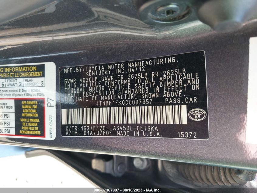 Photo 8 VIN: 4T1BF1FK0CU097957 - TOYOTA CAMRY 