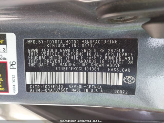 Photo 8 VIN: 4T1BF1FK0CU101361 - TOYOTA CAMRY 