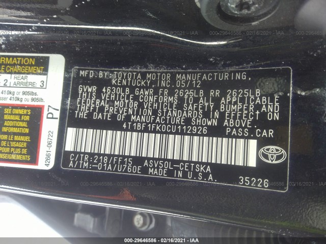 Photo 8 VIN: 4T1BF1FK0CU112926 - TOYOTA CAMRY 