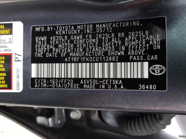 Photo 9 VIN: 4T1BF1FK0CU113882 - TOYOTA CAMRY BASE 