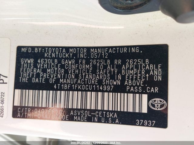 Photo 8 VIN: 4T1BF1FK0CU114997 - TOYOTA CAMRY 