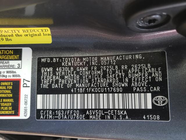 Photo 9 VIN: 4T1BF1FK0CU117690 - TOYOTA CAMRY BASE 