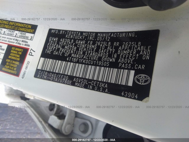 Photo 8 VIN: 4T1BF1FK0CU119505 - TOYOTA CAMRY 