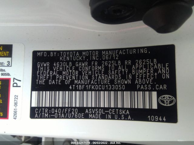 Photo 8 VIN: 4T1BF1FK0CU133050 - TOYOTA CAMRY 