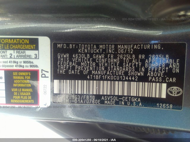 Photo 8 VIN: 4T1BF1FK0CU134442 - TOYOTA CAMRY 