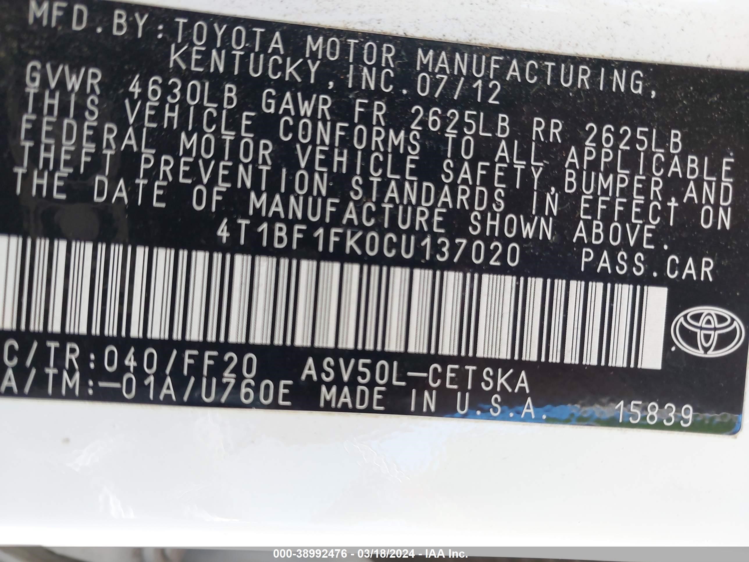 Photo 8 VIN: 4T1BF1FK0CU137020 - TOYOTA CAMRY 