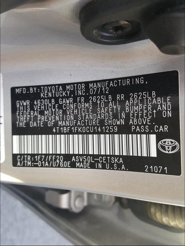 Photo 9 VIN: 4T1BF1FK0CU141259 - TOYOTA CAMRY BASE 