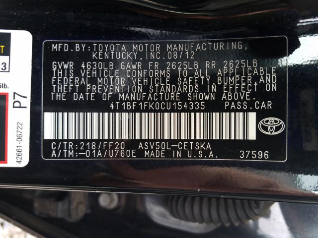 Photo 9 VIN: 4T1BF1FK0CU154335 - TOYOTA CAMRY BASE 