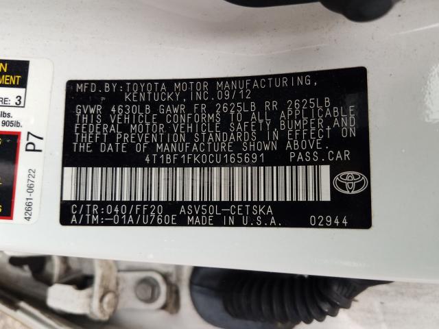 Photo 9 VIN: 4T1BF1FK0CU165691 - TOYOTA CAMRY BASE 