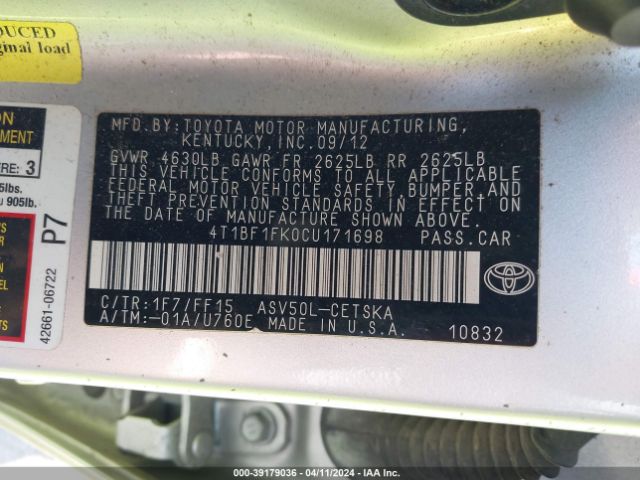 Photo 8 VIN: 4T1BF1FK0CU171698 - TOYOTA CAMRY 