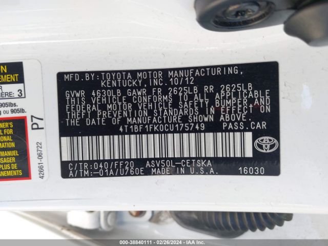 Photo 8 VIN: 4T1BF1FK0CU175749 - TOYOTA CAMRY 