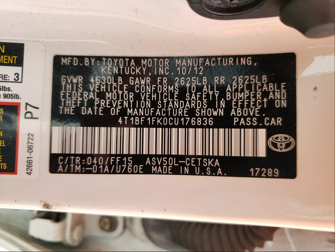 Photo 9 VIN: 4T1BF1FK0CU176836 - TOYOTA CAMRY BASE 