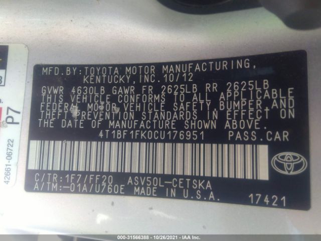 Photo 8 VIN: 4T1BF1FK0CU176951 - TOYOTA CAMRY 