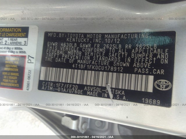 Photo 8 VIN: 4T1BF1FK0CU178912 - TOYOTA CAMRY 