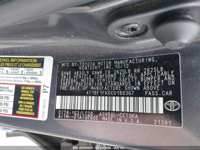 Photo 8 VIN: 4T1BF1FK0CU180367 - TOYOTA CAMRY 