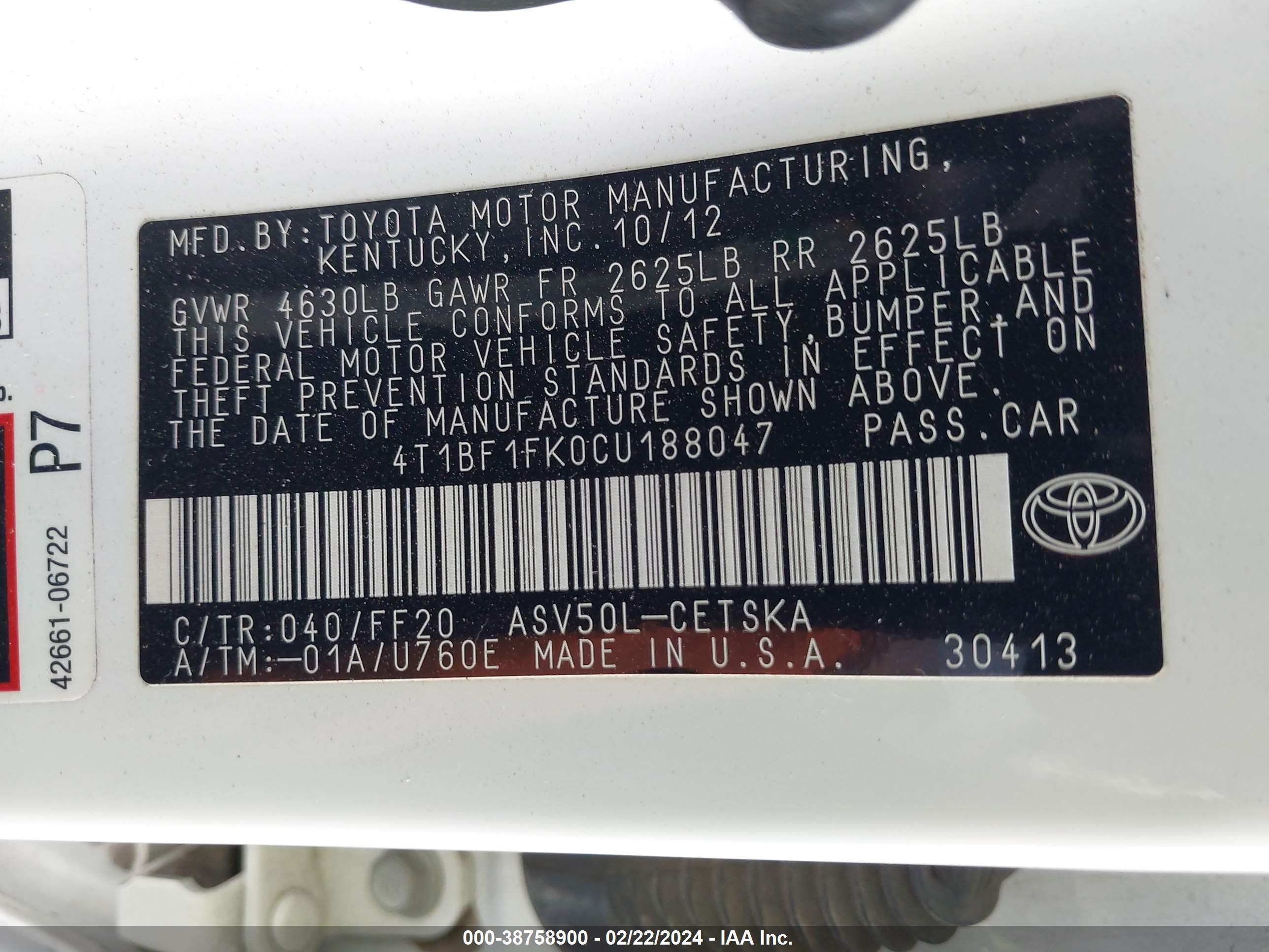 Photo 8 VIN: 4T1BF1FK0CU188047 - TOYOTA CAMRY 