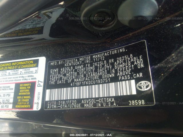 Photo 8 VIN: 4T1BF1FK0CU193751 - TOYOTA CAMRY 